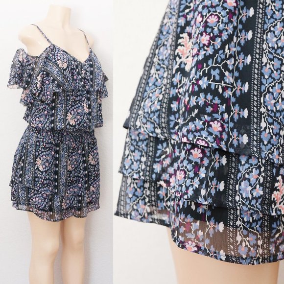 PAIGE 100% Silk Olympia Dark Ink Blue/Bouquet Tiered Ruffle Mini Dress M $298 - Picture 7 of 16